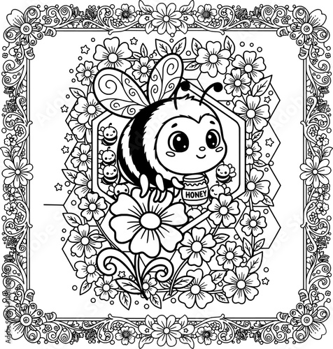Happy Bee with Honey Jar and Floral Border Coloring Page