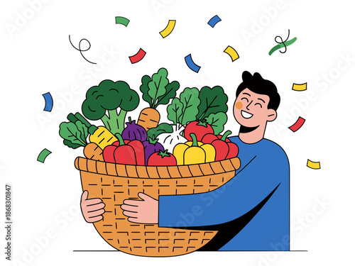 A smiling man celebrates a healthy lifestyle, holding a basket overflowing with fresh vegetables. Vibrant colors and joyful expression. Perfect for wellness and lifestyle campaigns.