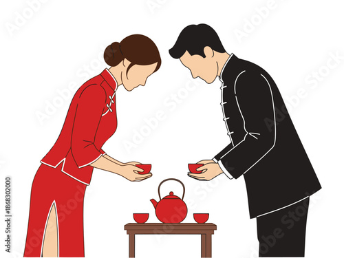 A stylized illustration depicts a traditional Chinese tea ceremony with a bride and groom exchanging cups. Elegant and symbolic, perfect for cultural themes.