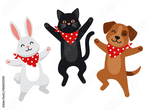 Three adorable pets ? a bunny, cat, and dog ? celebrate together with red bandanas. A cheerful, playful illustration perfect for team spirit graphics.