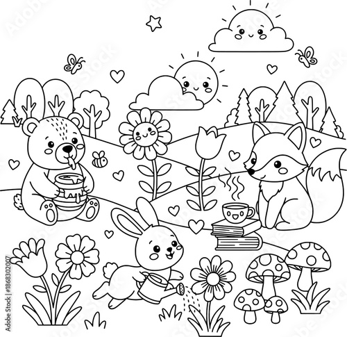 Happy Forest Animals in Flower Field Coloring Page