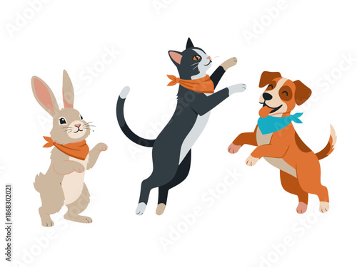 Three adorable pets ? a rabbit, cat, and dog ? celebrate together with red bandanas. A joyful, vibrant illustration perfect for pet-related marketing.