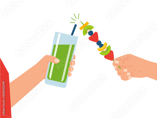 Two hands toast with a smoothie and fruit skewers while holding a green juice. Festive party celebration graphic. Bright, cheerful, and modern design.