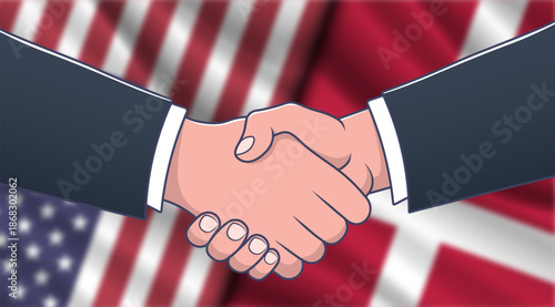 Vector blurred wavy national flags of United States of America and Denmark. Relations between countries. American and Danish banner. Handshake and deal