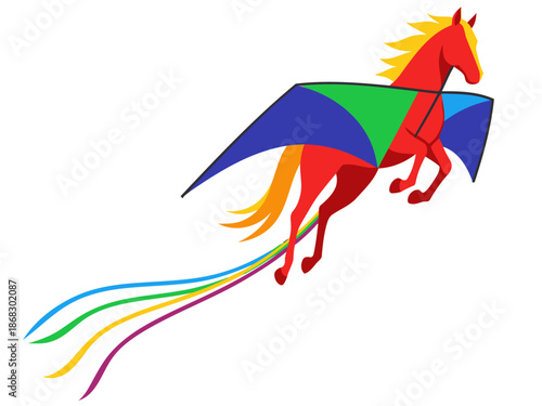 A vibrant horse kite soars against a white background, celebrating Lunar 2026. Bold colors and playful design make this image ideal for festive or celebratory themes.