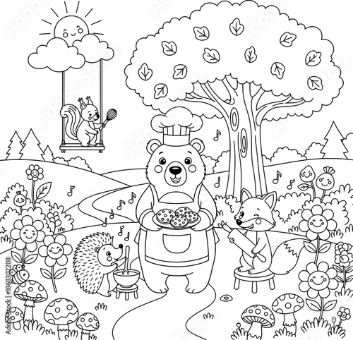 Bear Chef and Forest Animals Picnic Coloring Page