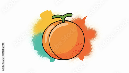 Brightly colored cartoon peach with textured paint splashes