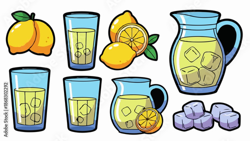 Bright yellow lemons and refreshing lemonade drinks with ice in glasses and pitchers, plus scattered ice cubes