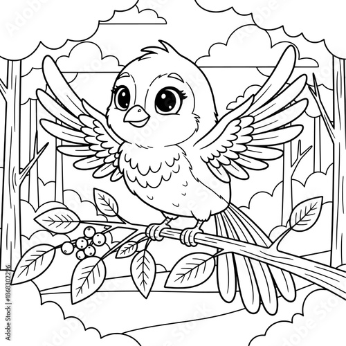 Cute Bird Perched on a Berry Branch Coloring Page