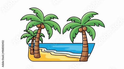 Cartoon illustration of a tropical beach scene with palm trees and ocean waves
