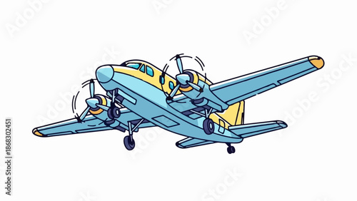 Cartoon illustration of a twin-engine airplane in sky blue and yellow, with propellers spinning