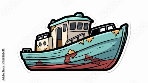 Cartoon illustration of a weathered, turquoise boat with a cream-colored cabin, showing rust