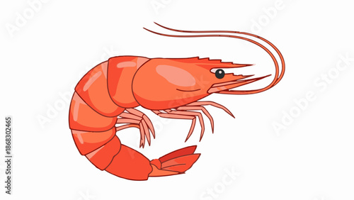 Cartoon illustration of a vibrant orange shrimp with segmented body and antennae