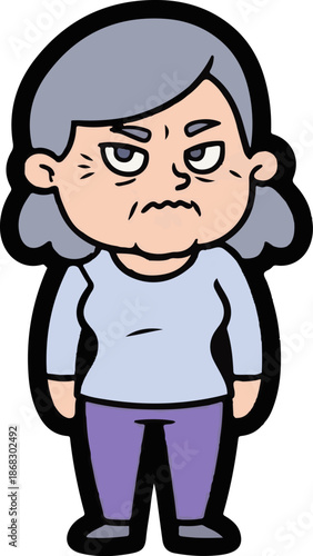 Cartoon illustration of an angry older woman with grey hair, wearing a light purple shirt and lavender pants