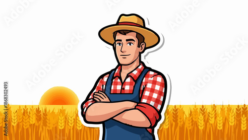 Cartoon farmer in wheat field with sunrise