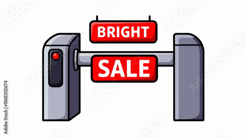 Cartoon barrier with red signs announcing a bright sale