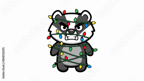 Cartoon badger tangled in colorful festive lights, looking grumpy