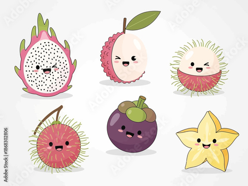 Collection of cute kawaii style tropical exotic fruits including dragon fruit lychee rambutan mangosteen and star fruit characters