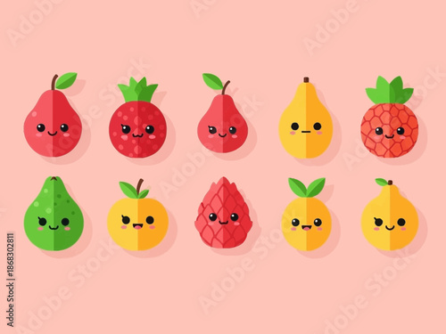 Adorable collection of cute kawaii style exotic and common fruit characters displaying happy and sweet facial expressions on a light background