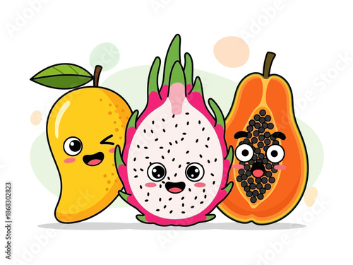 Adorable cartoon illustration featuring a winking mango a smiling dragon fruit and a surprised papaya trio standing together