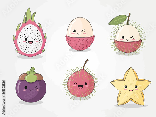 Adorable collection of six different cute tropical fruits featuring dragon fruit lychee mangosteen rambutan and star fruit illustrations