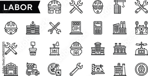 Labor and construction icons with tools, buildings, and workers engineer architect