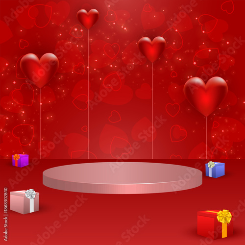 Valentines day background with empty podium for product display and gift boxes and many hearts and heart shaped balloons decoration elements. Vector illustration.
