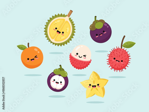 Adorable collection of floating tropical southeast asian fruits featuring cute kawaii cartoon characters against a light blue background