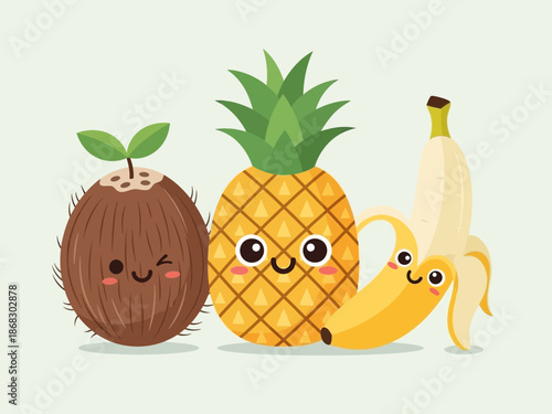 Adorable group of cute tropical cartoon fruits including a winking coconut a smiling pineapple and a partially peeled banana mascot characters