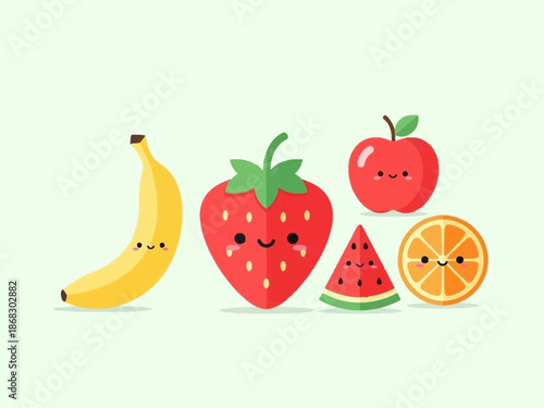 Adorable group of happy cartoon fruits featuring a banana strawberry apple watermelon and orange slice together on a light background
