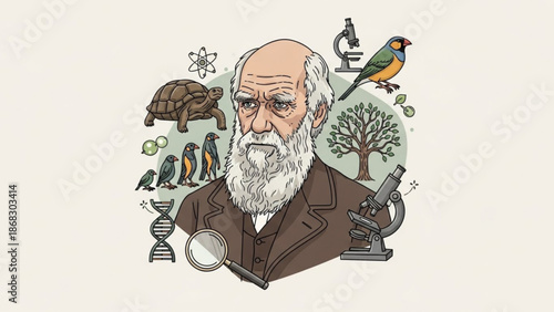 Charles Darwin portrait surrounded by symbols of evolution science and nature illustration for educational use