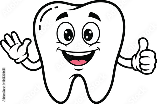 A cheerful cartoon tooth waving and giving a thumbs up gesture