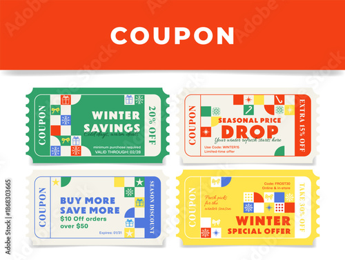A set of winter sale coupons offering discounts on seasonal items and valid until the end of the sale online and in stores.