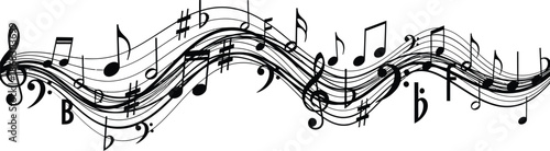Flowing musical notes and symbols create a wavy artistic black and white design