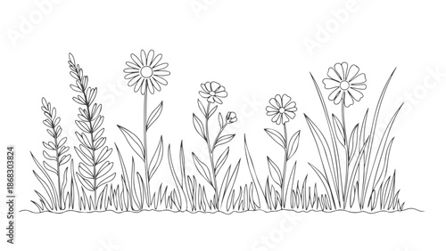 Beautiful continuous one line art illustration of wildflowers and grass, simple vector drawing in eps format