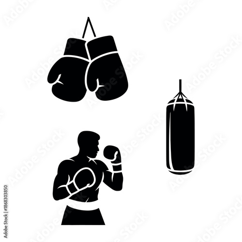 Boxing training equipment and boxer silhouette Vector