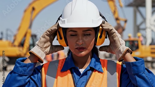 Construction Worker Woman Safety Gear Hard Hat Ear Protection Industrial Female Blue Vest Job Site Engineering Building Laborer PPE Stock Video Footage