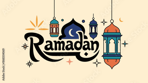 Celebratory ramadan lanterns with elegant text Vector
