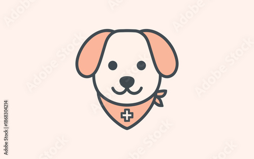 Cute Dog Character Wearing Medical Cross Bandana, Veterinary Logo or Pet First Aid Illustration