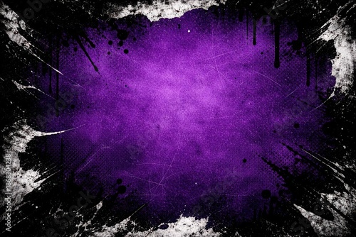 A purple background with white splatters and a black border