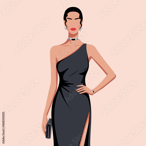 Elegant fashion faceless illustration of a confident woman in a black one-shoulder evening dress with slit, clutch and jewelry—modern flat vector style for luxury branding, beauty ads, boutique market
