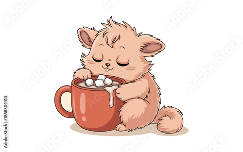 Adorable Fluffy Monster Character Holding a Red Mug of Hot Cocoa with Marshmallows