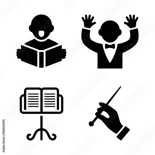 Conductor and music elements silhouette icon set Vector