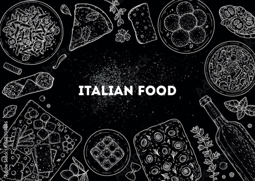 Italian cuisine top view frame. Italian food. Vector drawing illustration. Set of sketches of Italian dishes. Food menu design template. Chalkboard style. Not AI generated.