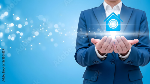 Smart Home Technology Concept Hands Holding a Digital House Icon with Glowing Lights