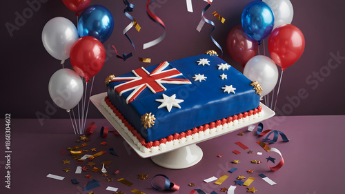 Australia day celebration cake with confetti and balloons
