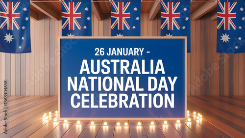 Australia national day celebration stage with flags and banner
