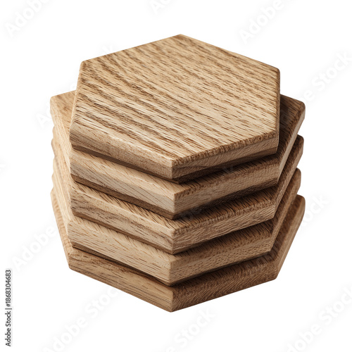 A stack of natural hexagonal wooden coasters showcasing beautiful wood grain on a stark black background