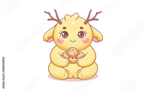 Friendly Yellow Deer Character Holding a Stack of Chocolate Chip Cookies Illustration