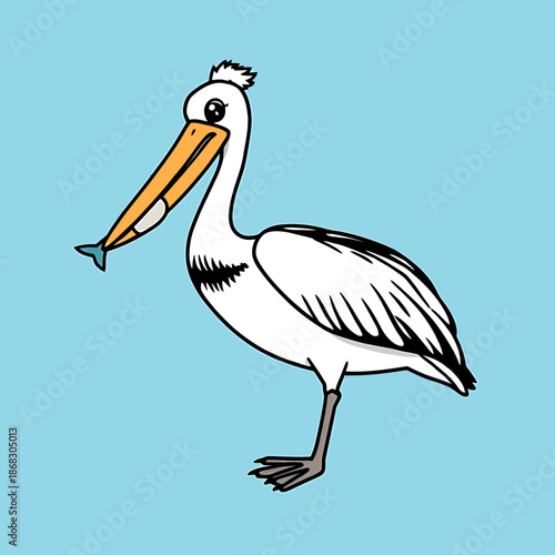 A white pelican standing on one leg holding a fish in its beak on a blue background
